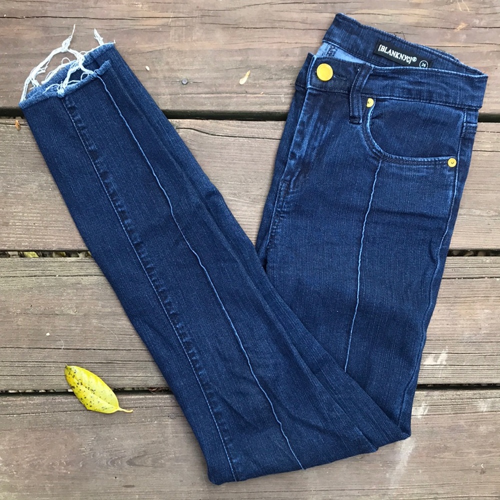BLANKNYC Dark Wash Raw Hem Skinny Jeans